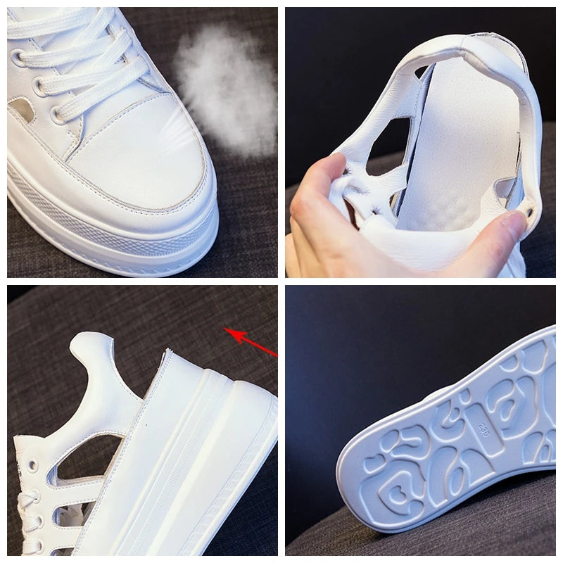 Fujin 9cm Hollow Full Cow Genuine Leather Women Summer Shoes Platform Sneakers Wedge Hidden Heel Women Summer Sandals Platform