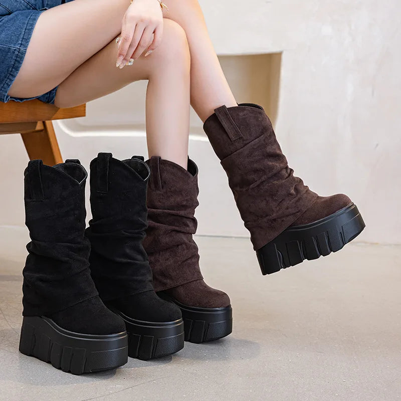 Fujin 5 Inch 14cm Stretch Boots Short Ankle Boots for Women Knee High Platform Booties Wedge Heel Hidden Botas Autumn Winter