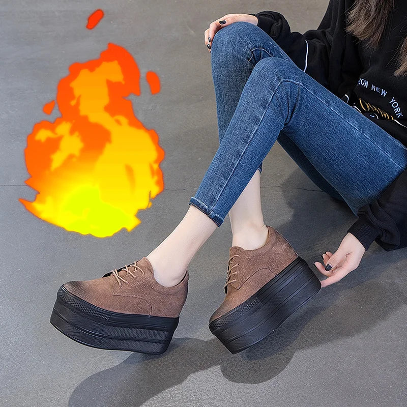 Fujin 10cm Genuine Suede Leather Height Increased Super High Heel Platform Casual Sports Super High Women Sneakers Shoes