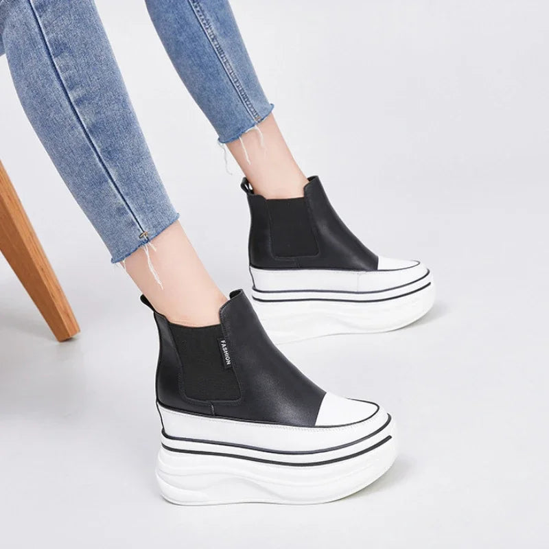 Fujin 10cm ROME Genuine Leather Support Stable Chelsea Booties Women Autumn Ankle Motorcycle Elastic Spring Arch Ladies Shoes