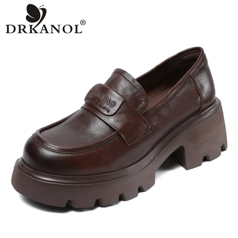 DRKANOL 2025 Spring Women Shoes Thick Heel Slip On Loafers Handmade Retro Chunky Platform Round Toe Pumps Ladies High Heel Shoes