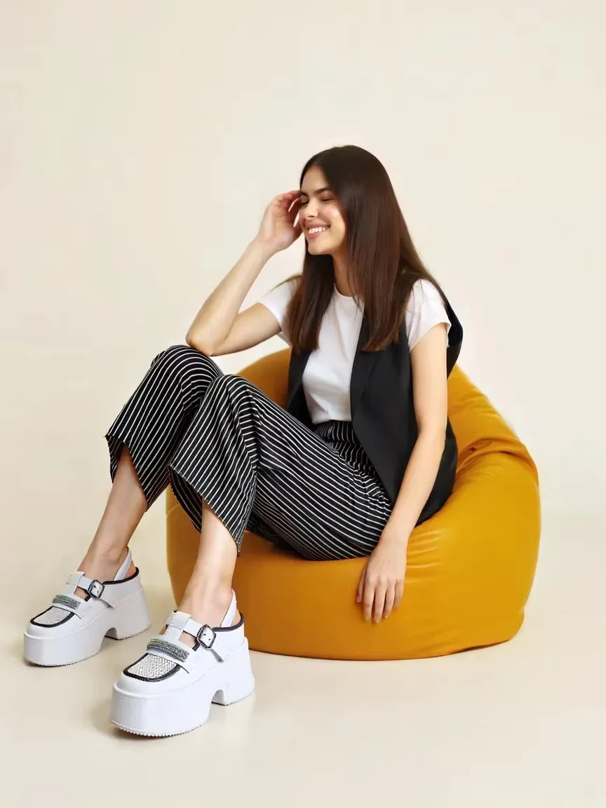 Fujin 11cm New Air Mesh Genuine Leather Platform Chunky Sneakers Women Sandals Casual Hollow Rhinestone Summer Slippers Shoes