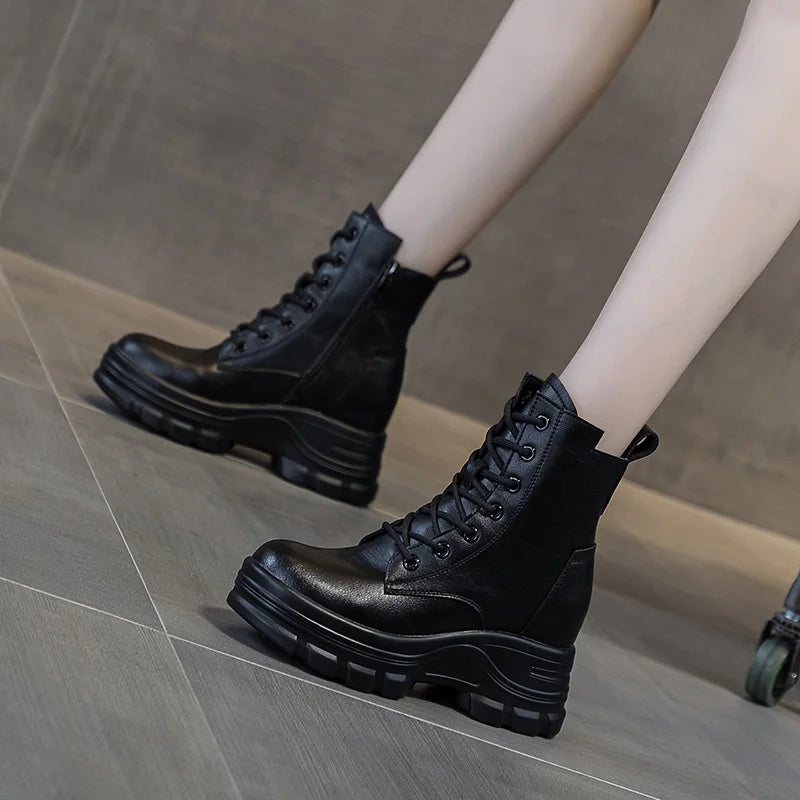 DRKANOL Fashion Women Height Increasing Boots Autumn Winter Warm Plush Platform Ankle Boots For Women Real Cowhide Wedges Shoes