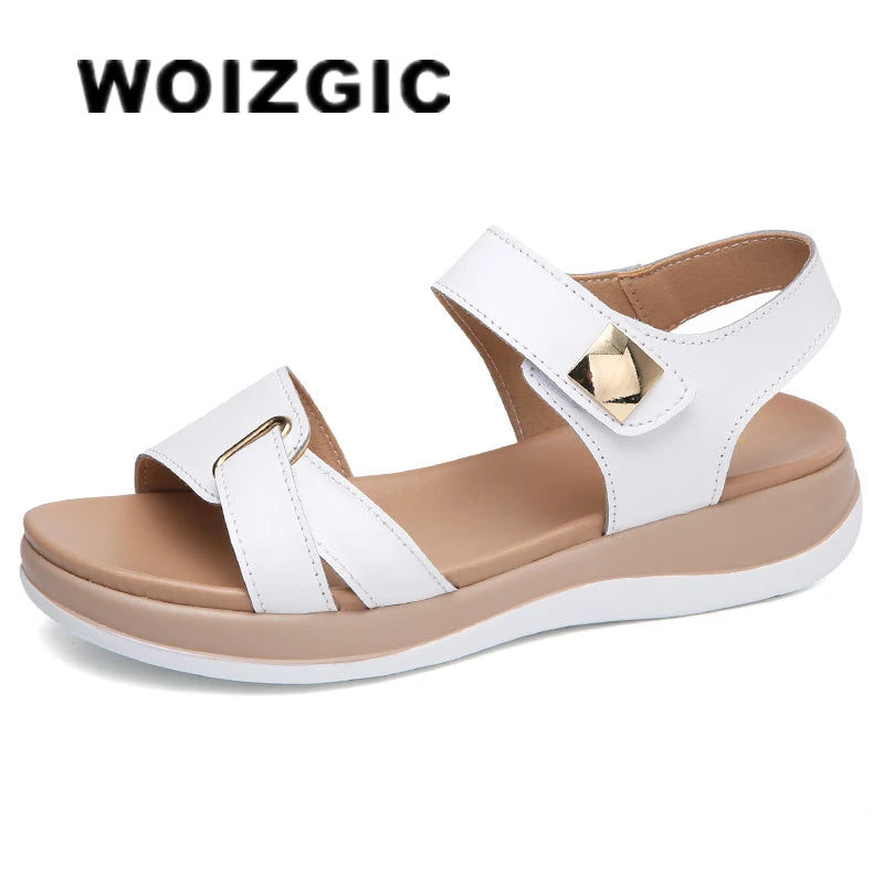 WOIZGIC Femmes Dames Mère Chaussures En Cuir Véritable Sandales Plates Souples Crochet Boucle Coréenne Bling Été Plage Taille 35-40