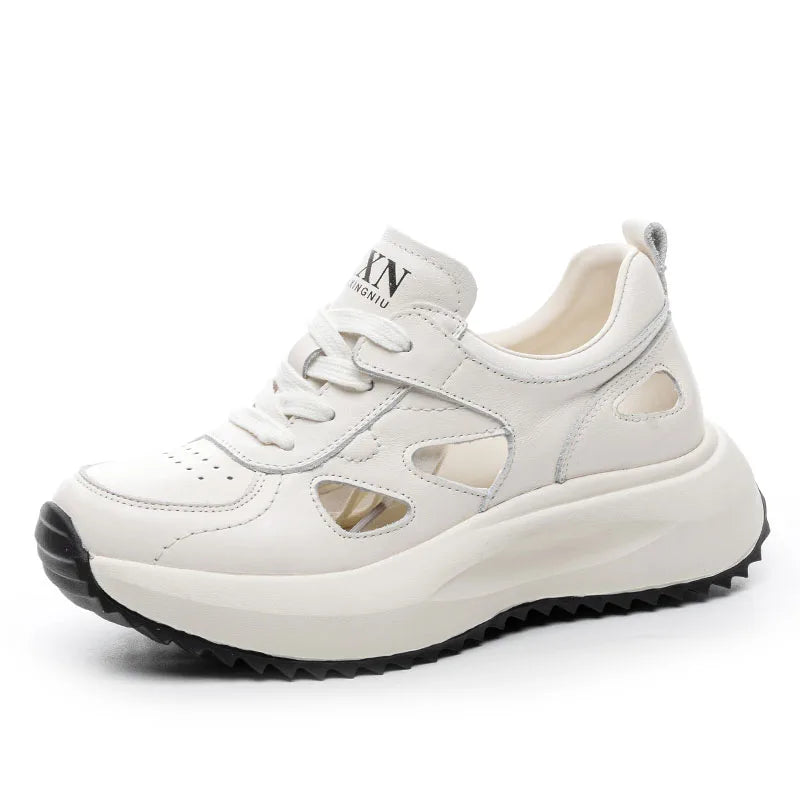 DRKANOL Casual Sneakers Women 2025 Summer Hollow Breathable Genuine Leather Thick Sole Platform Lightweight Ladies Shoes White