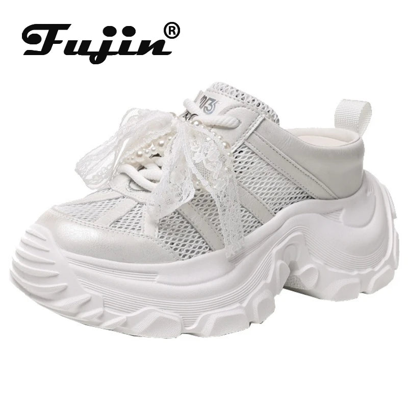 Fujin 8cm Air Mesh Synthetic Leather Sandals Platform Wedge Flats Breathable Women Summer Hollow Slipper Summer Sandals Shoes