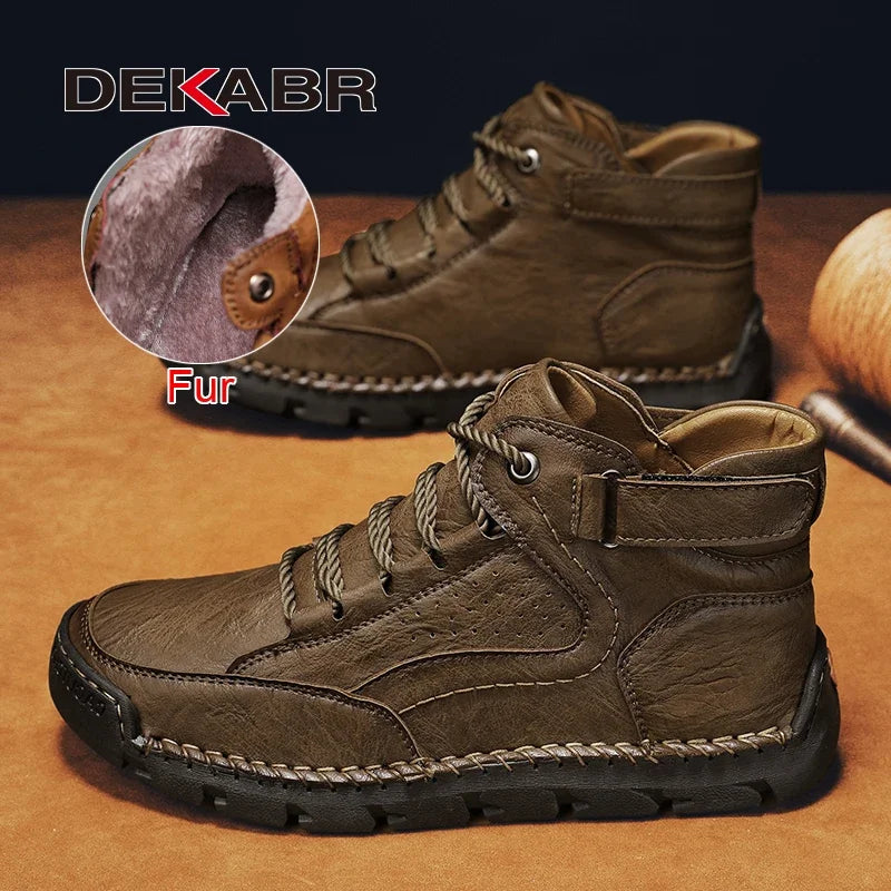DEKABR PU Leather Men Boots Winter Warm Outdoor Comfortable Boots Handmade Ankle Boots Business Boots Big Size 38-48