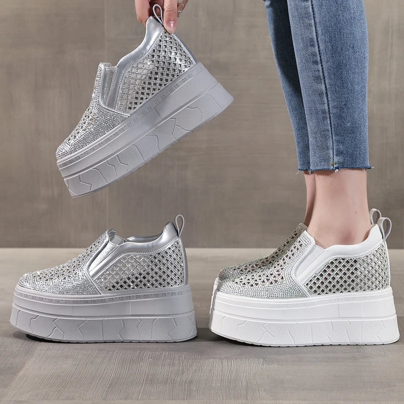 AUTUSPIN 10cm High Platform Chunky Women Breathable Synthetic Leather Crystal Ladies Shoes Summer Fashion Hollow Out Wedge Pumps