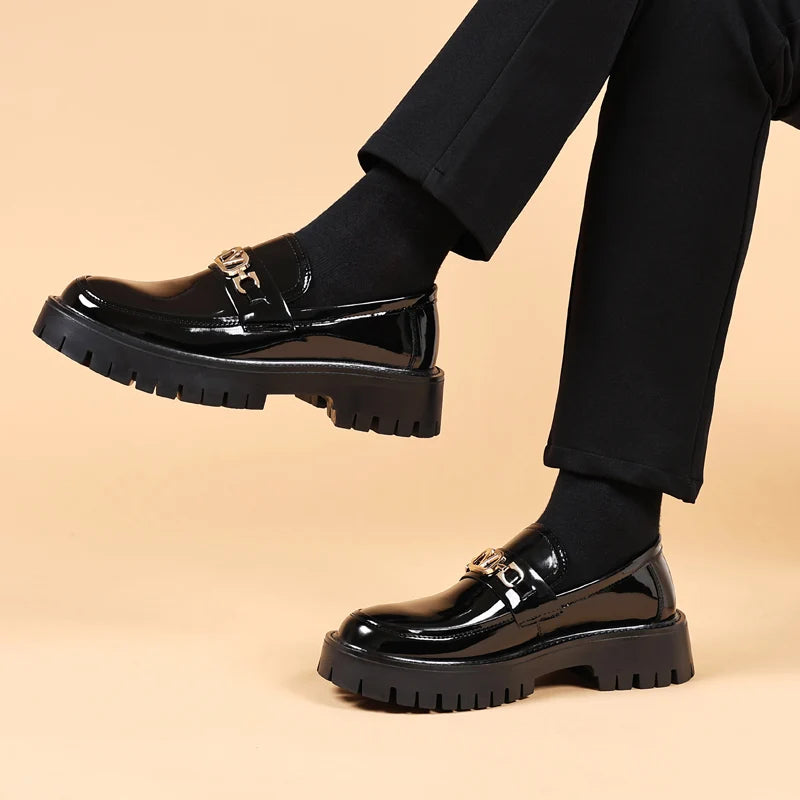 STRONGSHEN Men Leather Shoes Platform Loafers Thick-soled Patent Leather Wedding Shoes Formal Business Shoes Slip-on Casual Shoe
