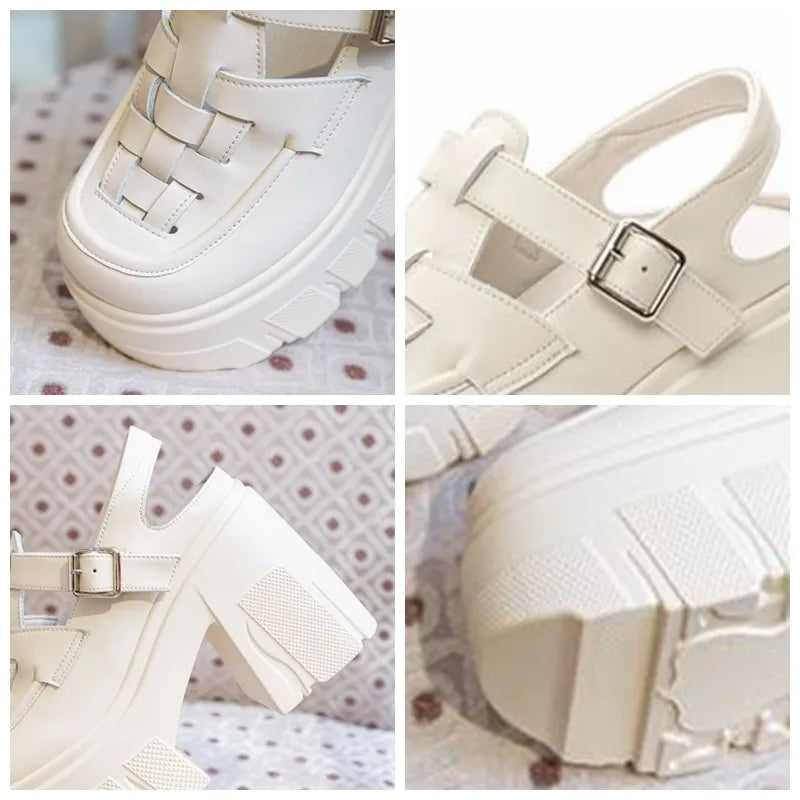 Fujin 11cm Weave Patent Genuine Leather Breathable Pumps Summer Ankle Boots Mary Jane Casual Buckle Platform Chunky Heels Shoes