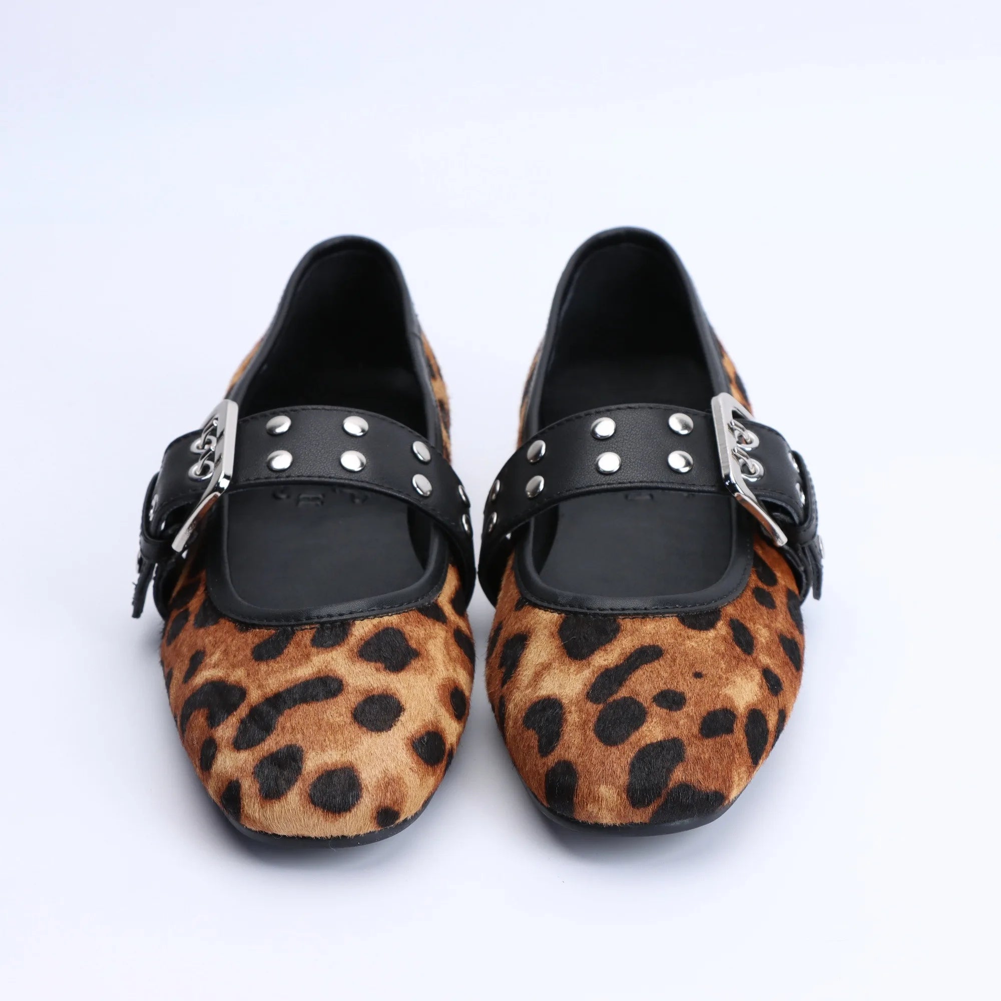 Women's Leopard Mary Jane Ballet Flats Square Toe,Adjustable Buckle Strap, Memory Foam Comfort,Calf Hair Dress Shoes