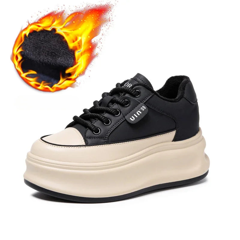 Fujin 8cm Cow Genuine Leather Comfy Breathable Skate Board Platform Wedge Sneakers Vulcanized Chunky Hidden Heel Block Shoes