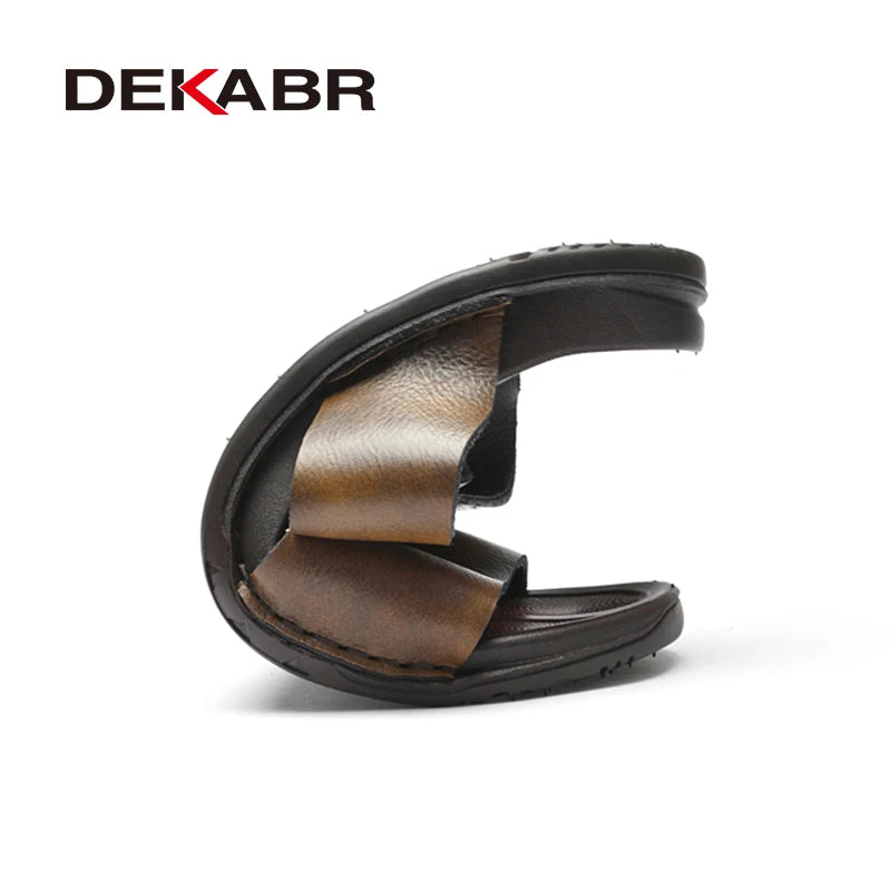 DEKABR Men's Summer Sandals Cow Leather Open Toe Slip-On Leisure Classical Flat Bottom Soft Shoes Size 37-46