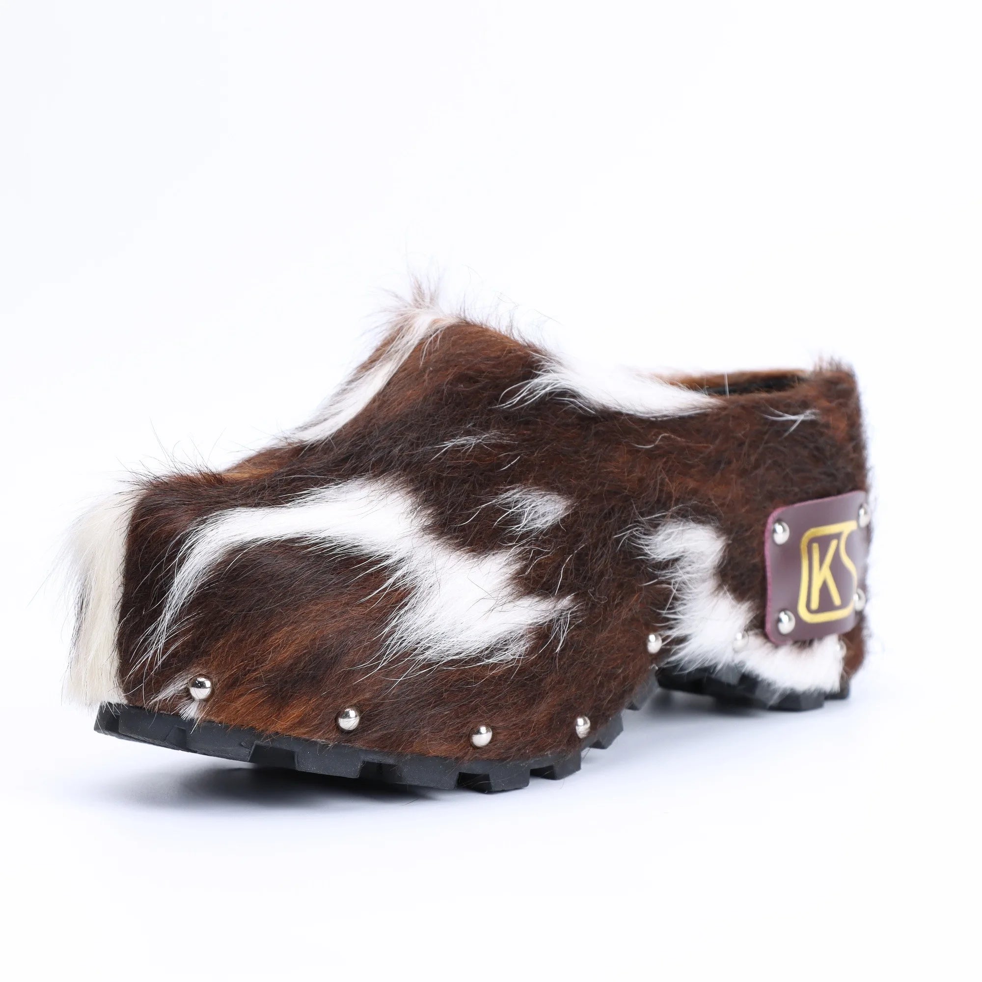Handmade Luxury Studded Platform Fur Slippers with Natural Calf Hair,Leather Lining & Memory Foam Arch Support Clogs for All-Day