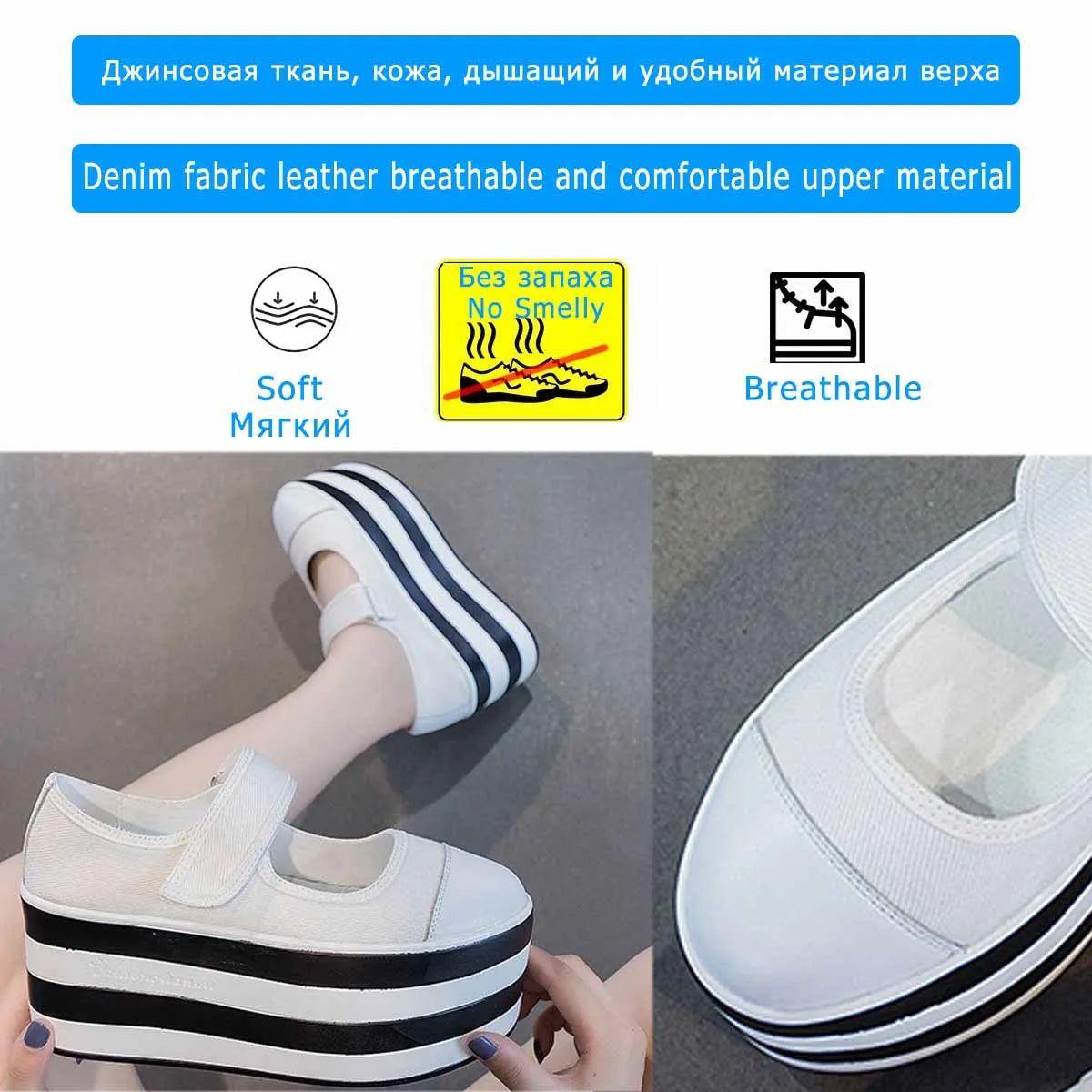 Fujin 8cm Street Style Denim Summer Female Platform Wedge Flats Breathable Women Boots Mary Jane Casual Spring Hook Shoes