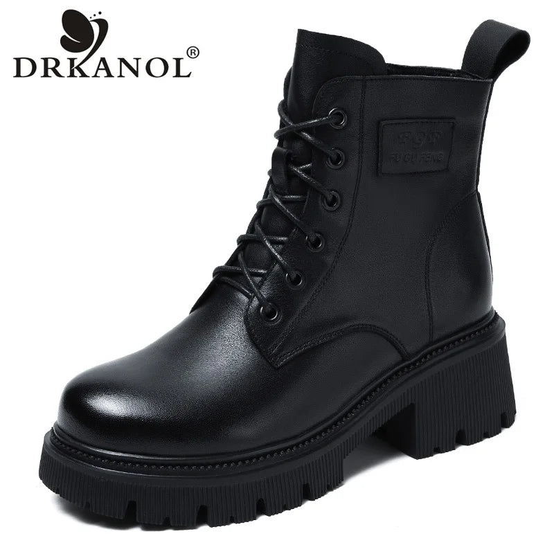 DRKANOL 2025 Fashion Women Genuine Cow Leather Thick Heel Ankle Boots Autumn Winter Chunky Platform Handmade Retro Warm Boots