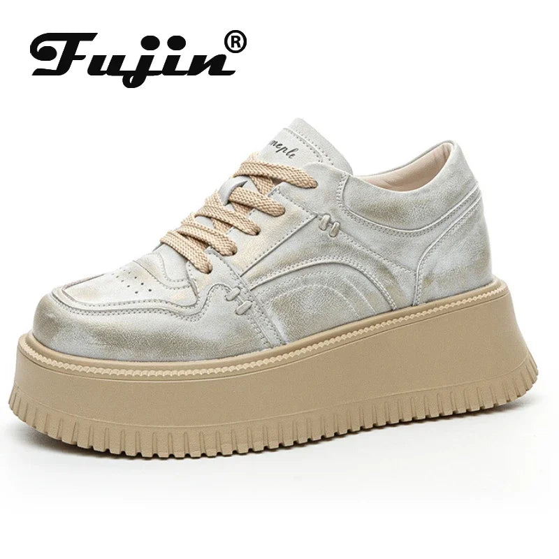 Fujin 8cm Genuine Leather Vulcanize Autumn Flat Women Chunky Sneaker Winter Plush Spring High Brand Summer Platform Wedge Shoes