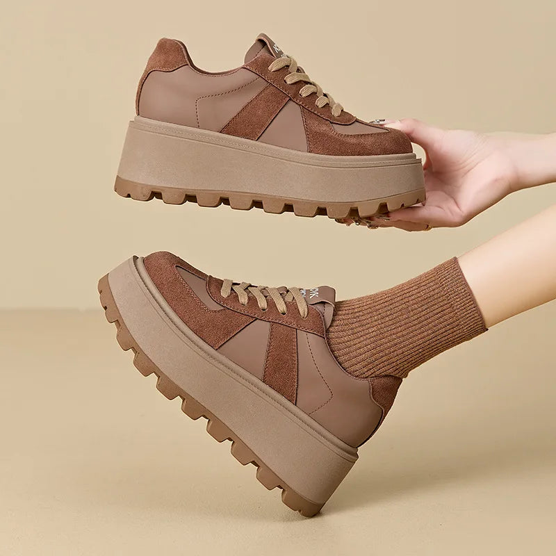 Fujin 8cm Microfiber Genuine Leather Breathable Fashion Chunky Sneaker Flats Booties Boots Spring Autumn Women Vulcanize Shoes