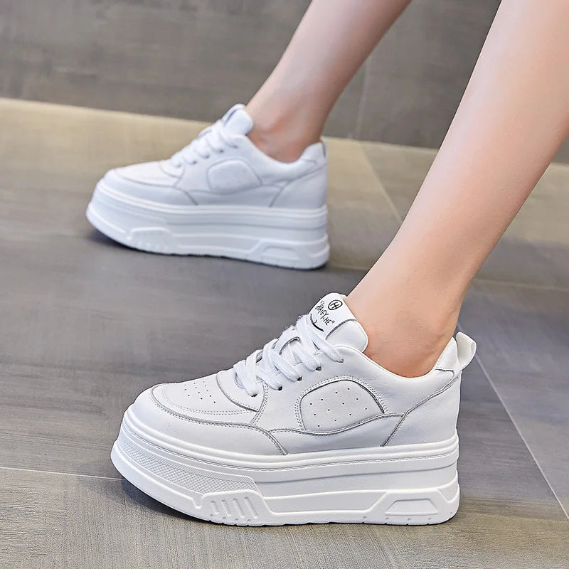 Fujin 6cm Women Shoes Chunky Sneakers Out Genuine Leather Casual White Wedge Shoes Platform Heel Pumps Mujer Bombas Breathable