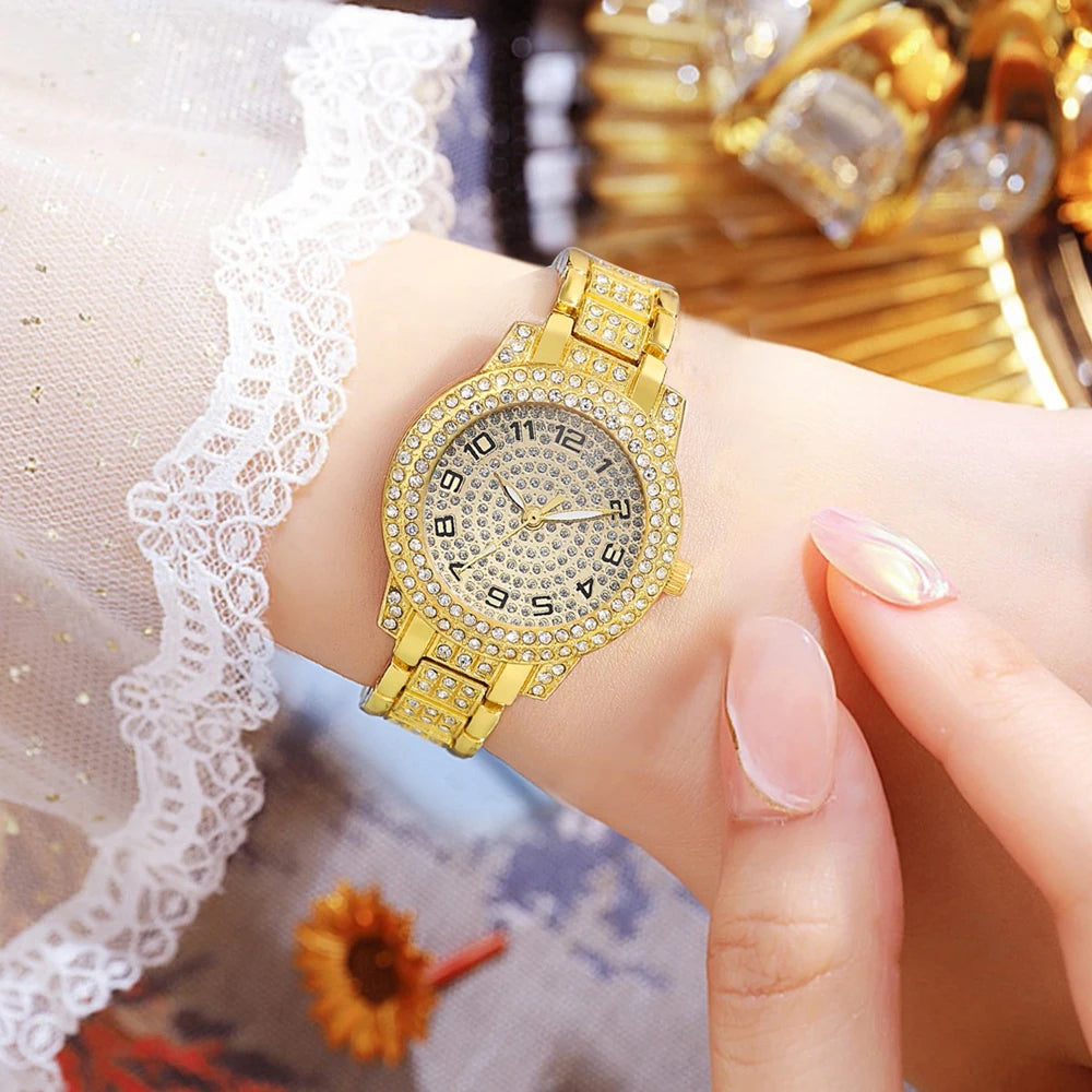 2PCS Luxury Women's Gold Watch Fashion Women's Quartz Heart Diamond WristWatch Elegant Women's Bracelet Watch Set Reloj Mujer