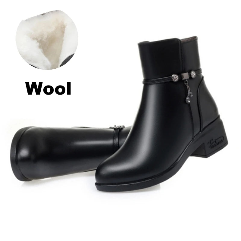 WOIZGIC Women's Mother Female Genuien Leather Shoes Ankle Boots Winter Fur Plush Wool Warm Zipper