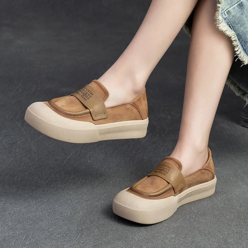 DRKANOL 2025 Fashion Spring Shoes Women Slip On Flat Loafers Shallow Real Cow Leather Literary Style Thick Bottom Lazy Shoes