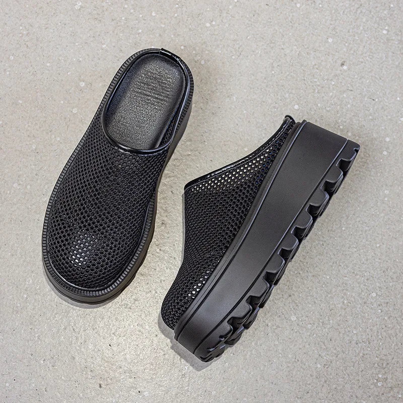 Fujin 7cm Air Mesh Platform Wedge Breathable Pumps Summer Hollow High Brand Synthetic Chunky Heels Mary Jane Slipper Shoes