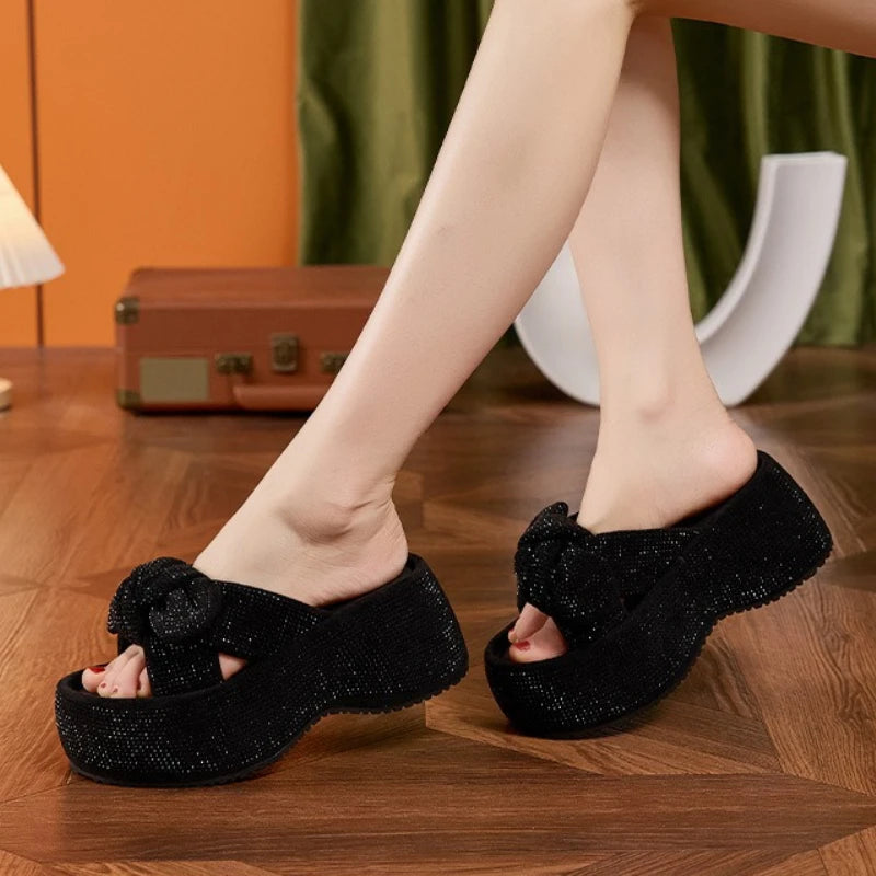 Fujin 8cm Synthetic Microfiber Leather Women Sandals Flats Chunky Sneakers Hollow Bling Slippers Platform Wedge Flats Shoes