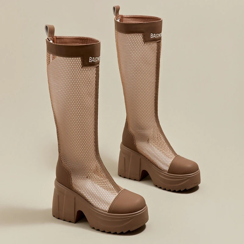 Autuspin 10cm High Platform Women Long Boots Summer Autumn Breathable Air Mesh Knee-high Boot Ladies Thick Heels Woman Fashion