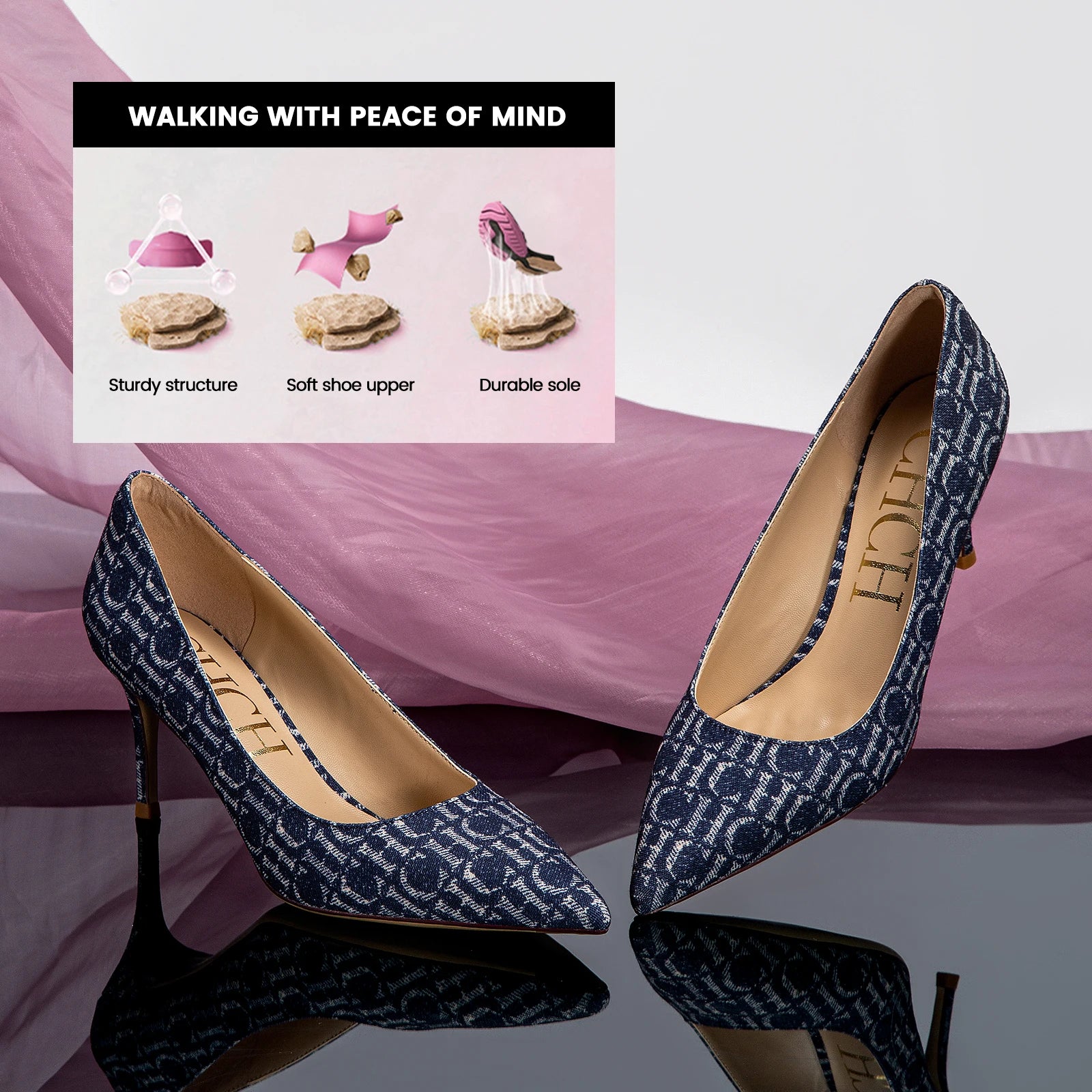 Classic style French ladies' high heels, shallow heel, letter cowboy print design, classic fashion.