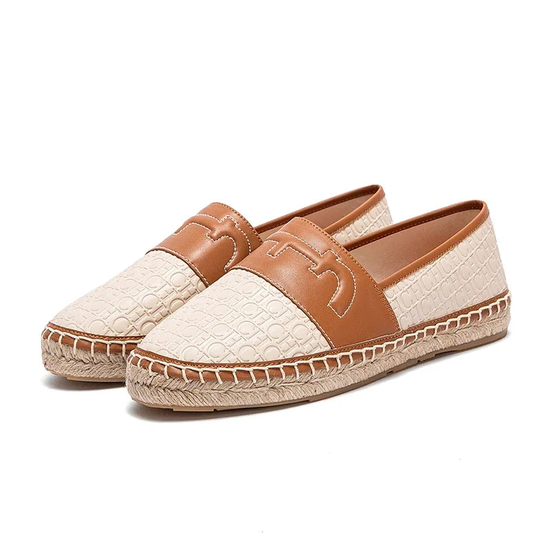 Women's Shoes 2025 Luxury Brand New Loafers Straw Shoes Flat Casual Shoes Black Brown Leather Woman Shoes