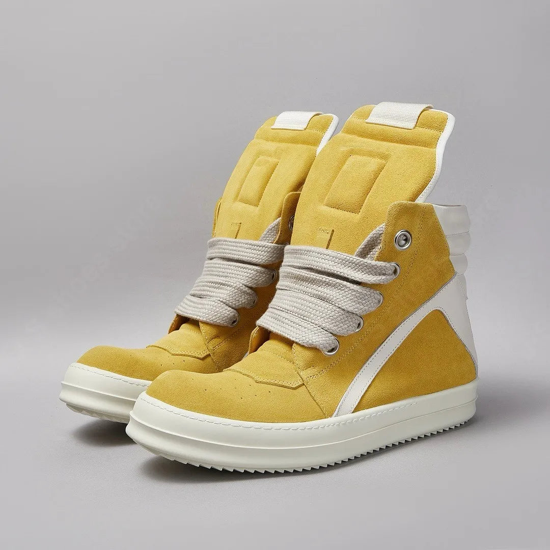 Ro Men Shoe Yellow Suede Boots Outoor High Top Casual Shoes Jumbo Laces White Leather Zipper Women Sneaker Cowhide Ankle Boot