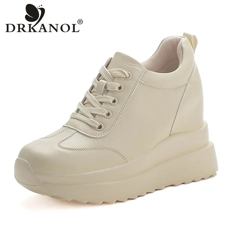 DRKANOL 10cm Height Increasing Hidden Heel Shoes Women Split Leather Solid Color Thick Sole Chunky Platform Casual Single Shoes