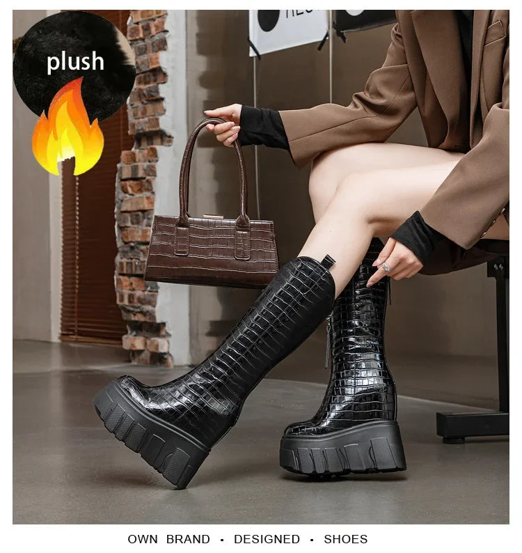 Fujin 14cm 2024 Patent Microfiber Leather Women Boots Spring Block Knee High Platform Wedge Fashion Autumn Booties Zipper Shoes