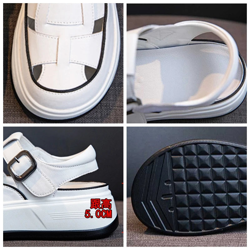 Fujin 5cm Cow Weave Genuine Synthetic Leather Pumps Platform Wedge Hook Summer Hollow Sandals Flats Women Slippers Fashion Shoes