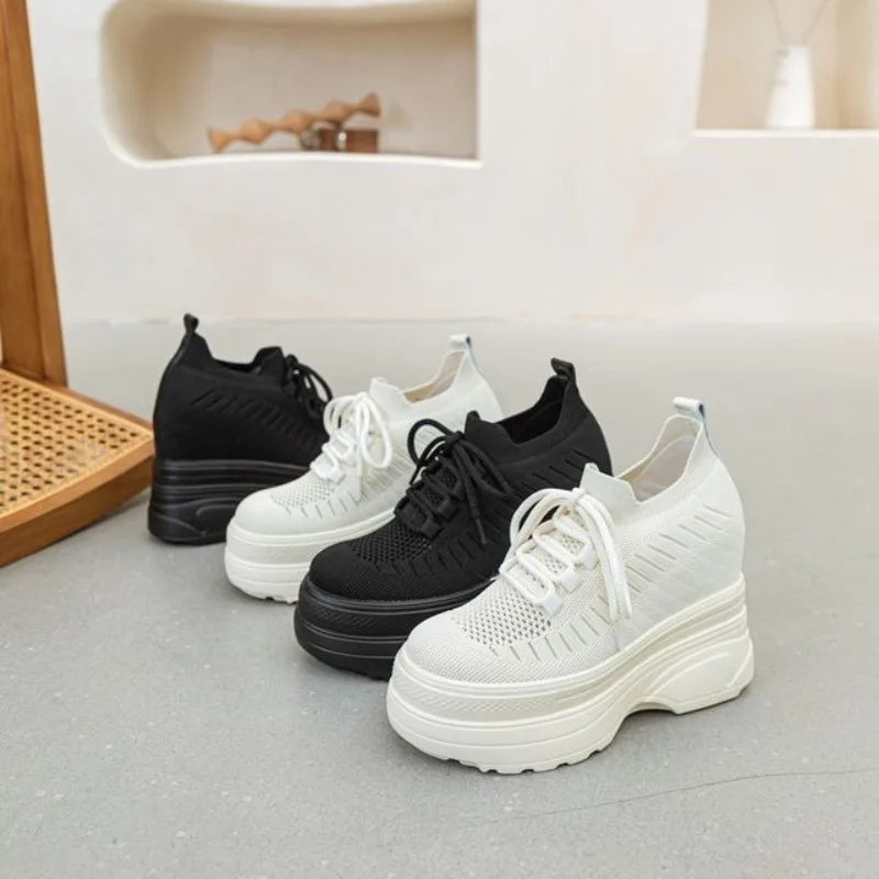 Fujin 11cm Air Mesh Sock Knitted Platform Wedge Flats Hollow Chunky Sneaker Breathable Comfy Women Sandals Slides Summer Shoes