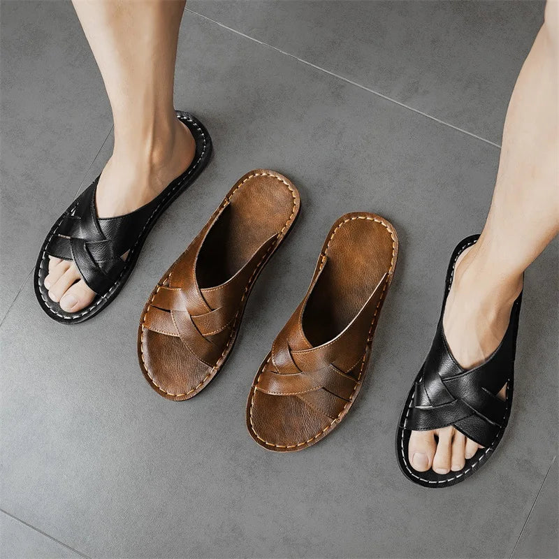 STRONGSHEN Summer Men Genuine Leather Slippers Designer Casual Slides Outdoor Beach Shoes Breathable Anti Slip Soft Sole Sandals