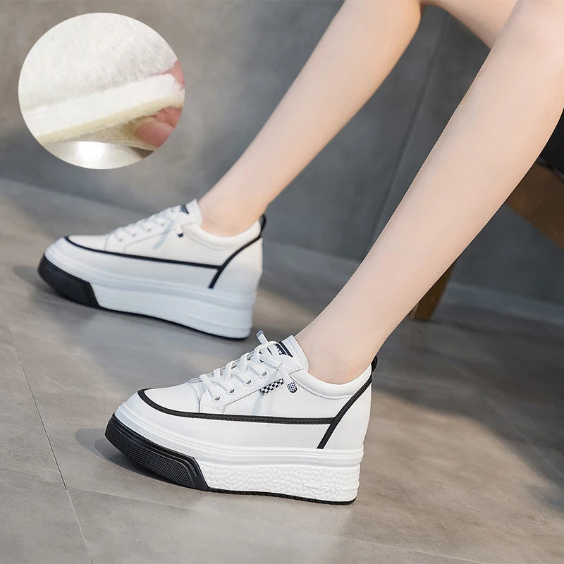 Fujin 7cm Genuine Leather Platform Wedge Winter Women Fashion Canvas Breathable Lady Super High Mixed Color Leisure Single Shoes