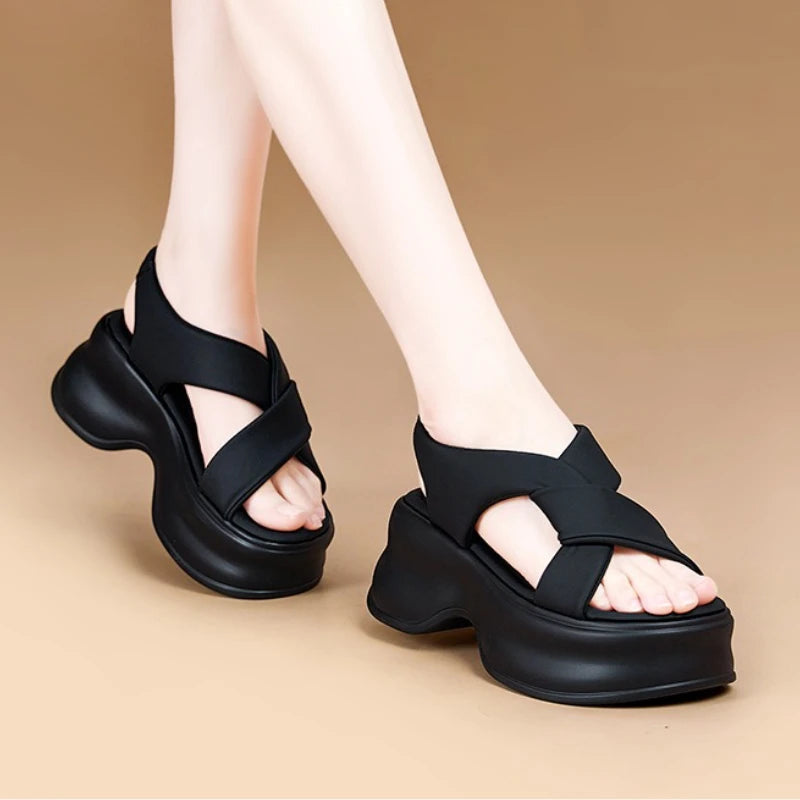 Fujin 7.5cm PU Synthetic Microfiber Leather Platform Wedge Flats Fashion Slippers Women Sandals Fashion Peep Toe Shoes Pumps