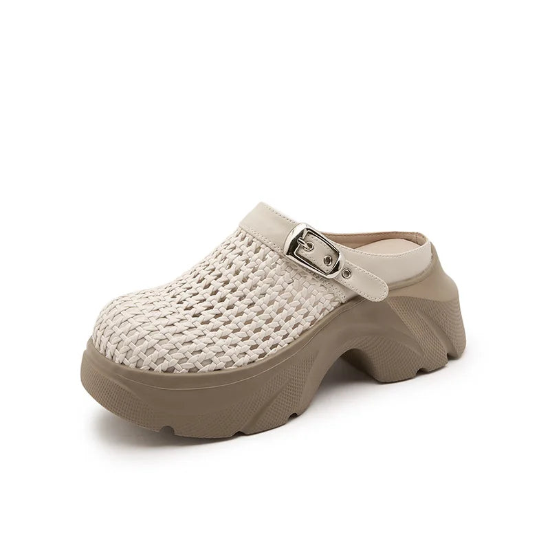 Fujin 7.5cm Microfiber Leather Platform Wedge High Brand Breathable Women Sandals Flats Round Toe Slipper Hollow Slip on Shoes