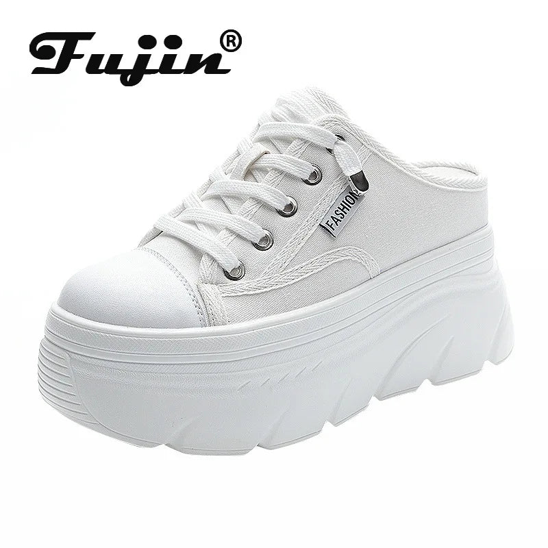 Fujin 9cm Canvas Genuine Leather Women Summer Shoes Wedge Sneakers Platform Slippers Shoes Slip on Sandals Slideds High Heel