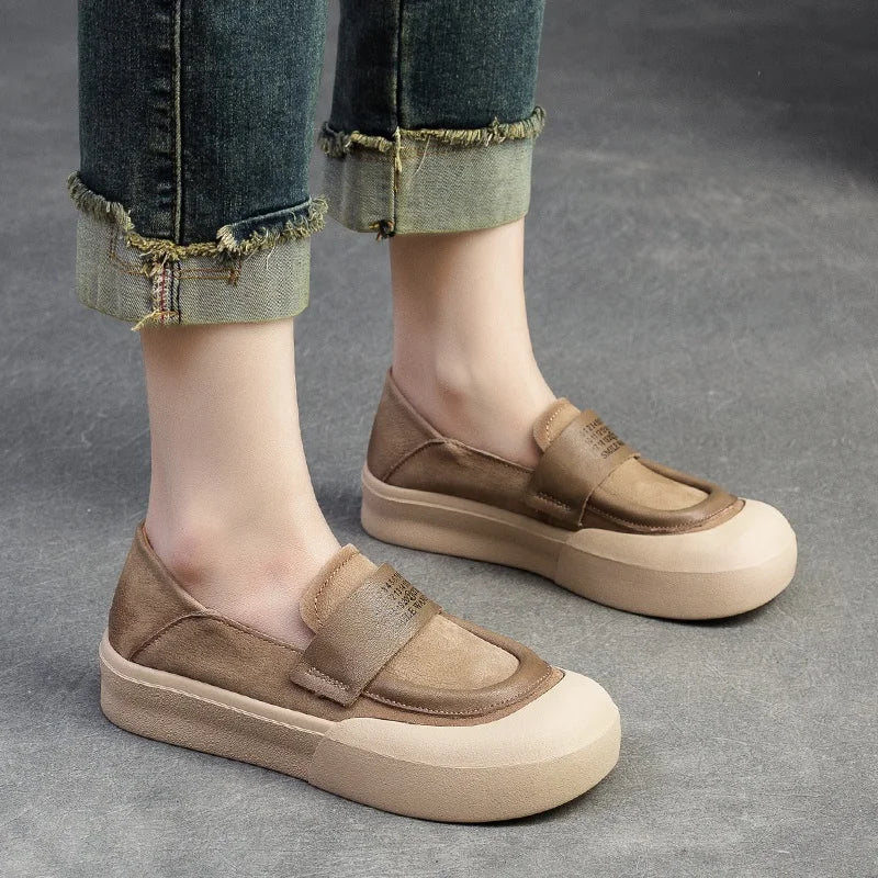 DRKANOL 2025 Fashion Spring Shoes Women Slip On Flat Loafers Shallow Real Cow Leather Literary Style Thick Bottom Lazy Shoes