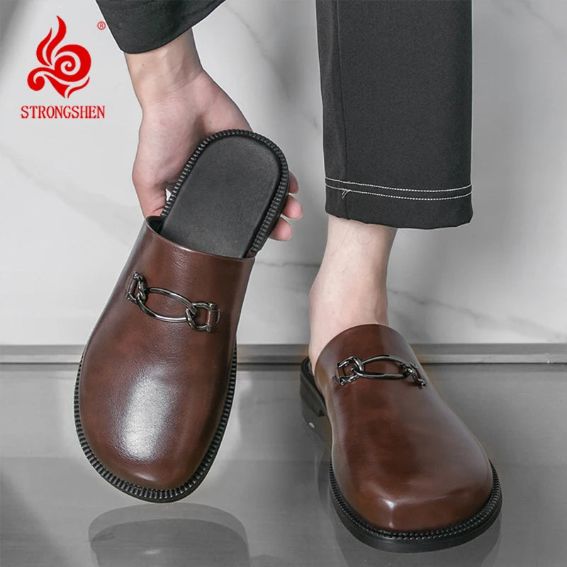 Luxury Men Slippers Fashion Leather Loafers Moccasins Outdoor Non-slip Casual Walking Shoes Men Mules Slides Comfortable Flats