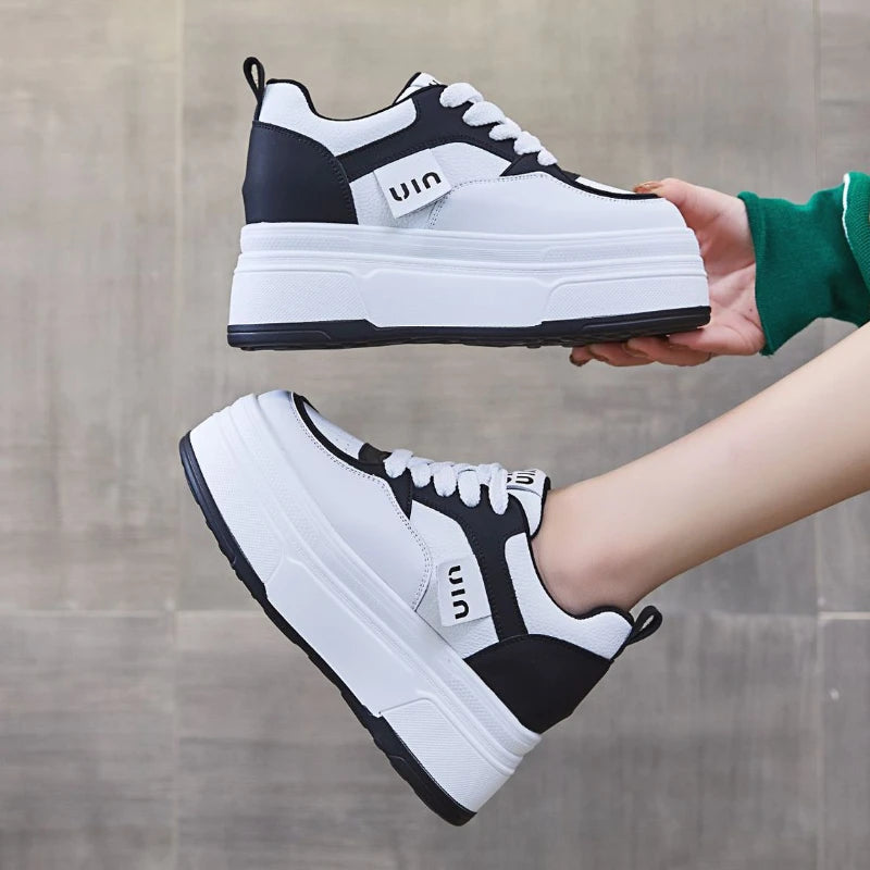 Fujin 9cm Genuine Leather Women Spring Platform Wedge Autumn Sneakers Chunky Comfy Shoes Heels Women Fashion Breathable Ladies