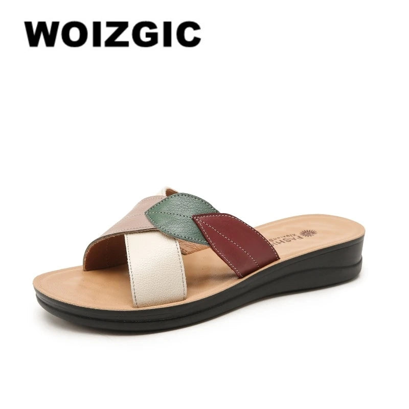 WOIZGIC Femmes Femmes Dames Mère Chaussures En Cuir Véritable Sandales Plateforme Pantoufle Été Cool Plage Doux Sans Lacet Extérieur