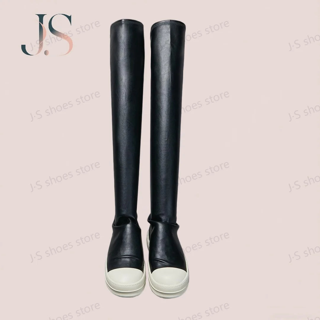 Ro Retro Style Design Elastic Sheep Print Microfiber Black Leather Over The Knee Boots Men Shoe Women Sneaker Classic Black Boot
