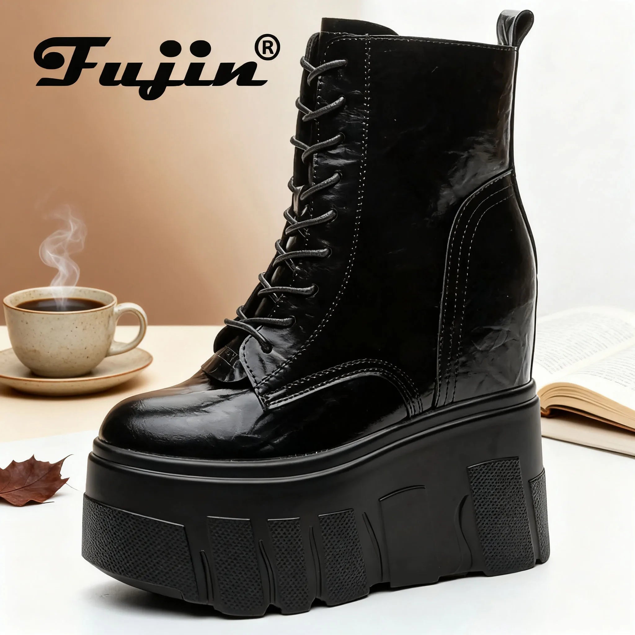 Fujin 14CM Microfiber Genuine Leather Women Boots Causal Boot Shoes Motorcycle Ankle Booties Platform Wedge Thick Sole ZIP Shoes