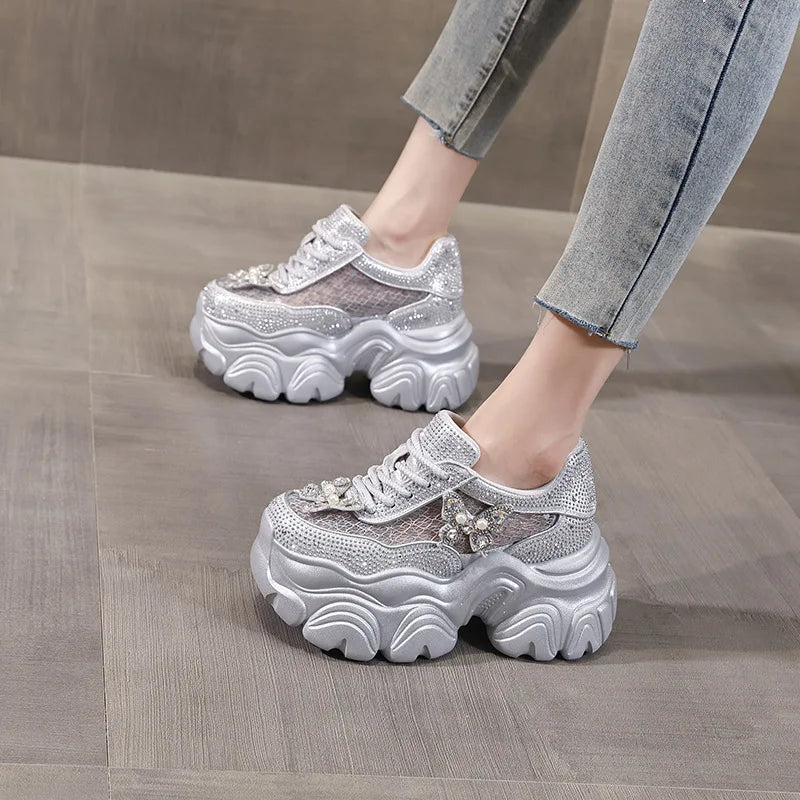 Fujin 9cm Air Mesh Microfiber Leather Chunky Sneaker Hook Ankle Boots Bling High Brand Comfy Booties Fashion Summer Shoes Women