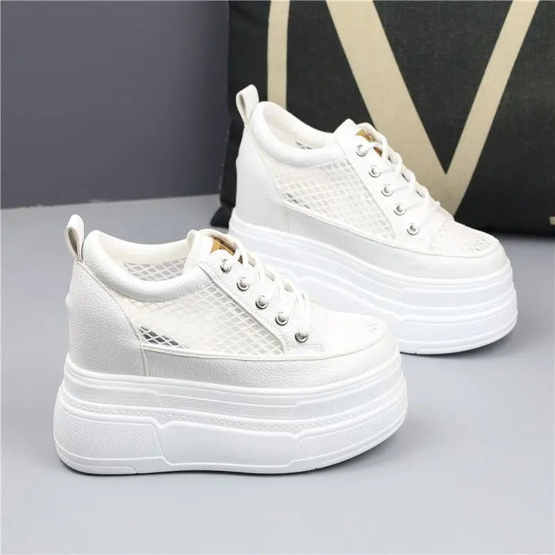 Fujin 10cm 12cm 14cm Air Mesh Leather Breathable Pumps Summer Fashion Chunky Sneaker Heels Sandals Platform Wedge Hollow Shoes