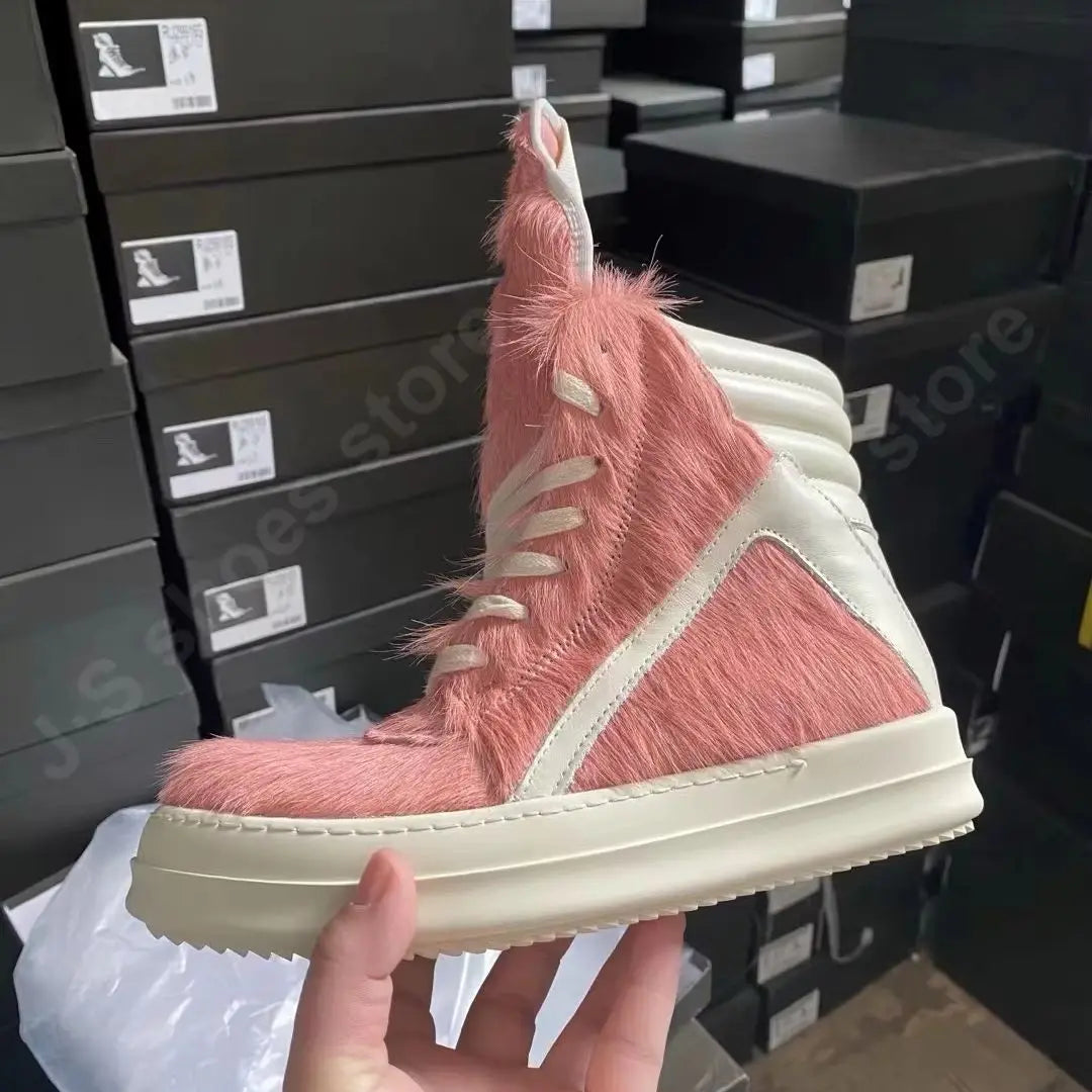 R-o Classic Boots Men Shoe Pink Horse Hair Women High Top Shoes Sneaker White Leather Pink Horsehair Ankle Boot Outside Sneakers